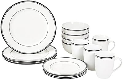 Amazon Basics 16-Piece Cafe Stripe Dinnerware Set, Microwave and Dishwasher Safe, Plates, Bowls, Mugs, Servic… — view 2