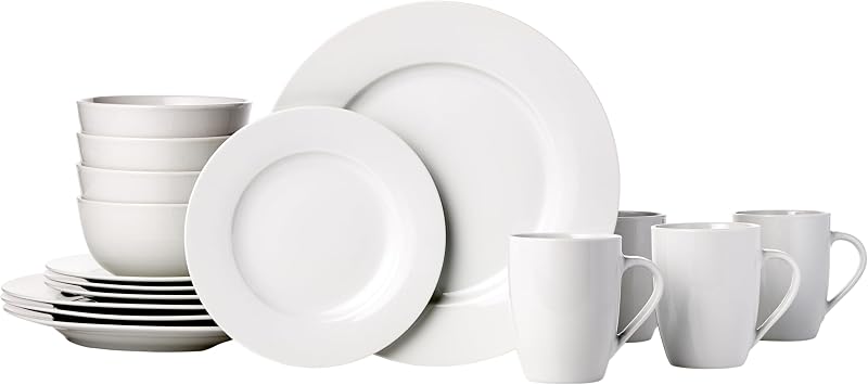 Amazon Basics 16-Piece Porcelain Dinnerware Set, Microwave and Dishwasher Safe, Service for 4, Plates, Bowls…