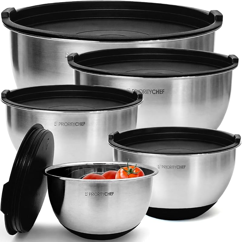 Priority Chef Premium Mixing Bowls With Lids Set, Airtight Lids, Thicker Stainless Steel, Non-Slip Base, 5 Ne…