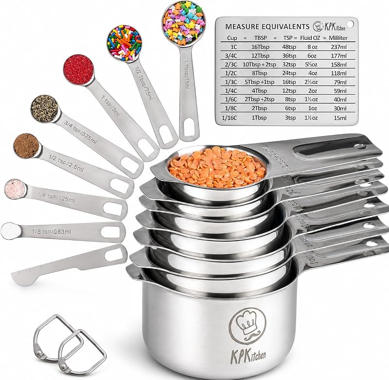 Measuring Cups and Spoons Set, 16-Piece Stainless Steel, Leveler & Chart