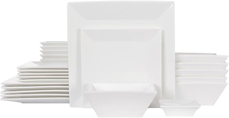 Off-White Porcelain 24-piece Dinnerware Set for 6, Square Plates and Bowls