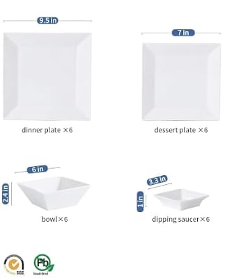 Off-White Porcelain 24-piece Dinnerware Set for 6, Square Plates and Bowls — view 3