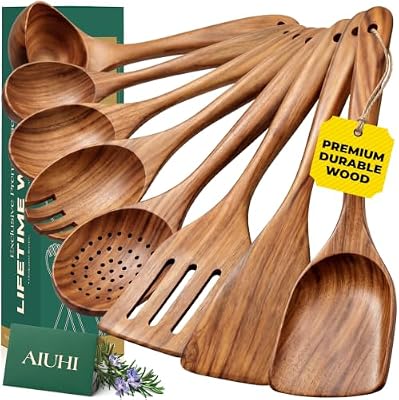 AIUHI Teak Wood 8-Piece Wooden Kitchen Utensils Set, Wooden Spoons for Cooking, Smooth Wood Spatula Set for N… — view 2