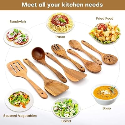 AIUHI Teak Wood 8-Piece Wooden Kitchen Utensils Set, Wooden Spoons for Cooking, Smooth Wood Spatula Set for N… — view 3