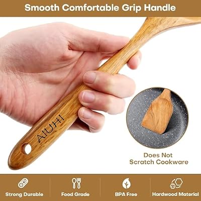 AIUHI Teak Wood 8-Piece Wooden Kitchen Utensils Set, Wooden Spoons for Cooking, Smooth Wood Spatula Set for N… — view 4