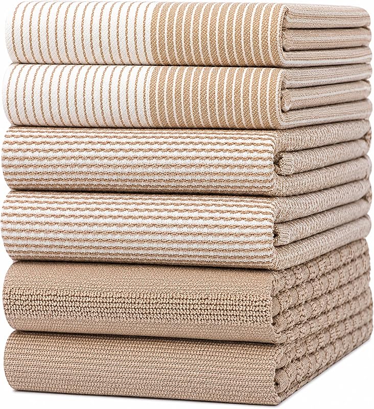 Premium Kitchen Towels 6 Pack 100% Cotton, 20"x28" Dish Towels - Tan