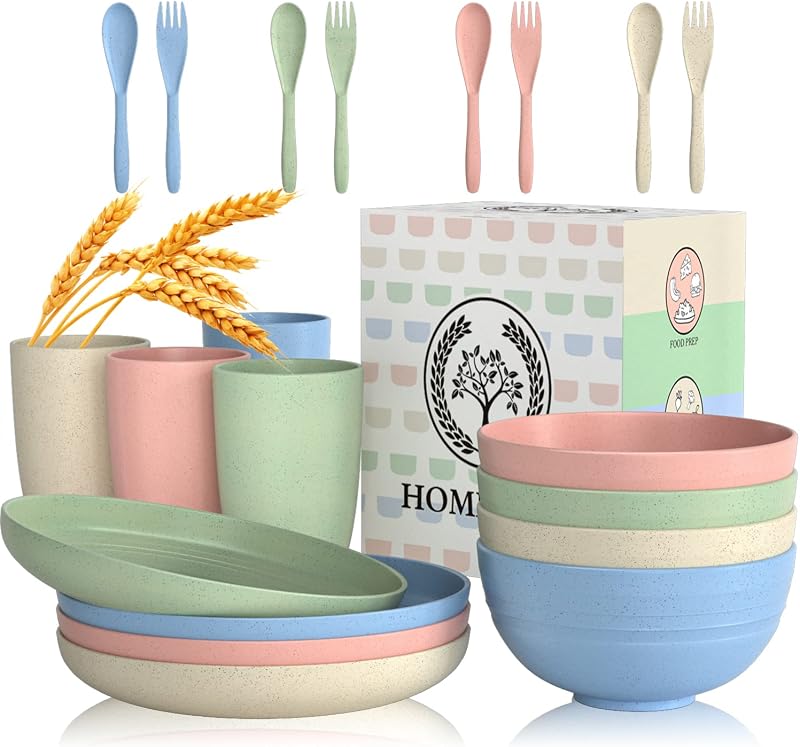 Homienly Wheat Straw Dinnerware Sets 20 PCS Plates and Bowls Sets Microwave and Dishwasher Safe Dish Set Unbr…
