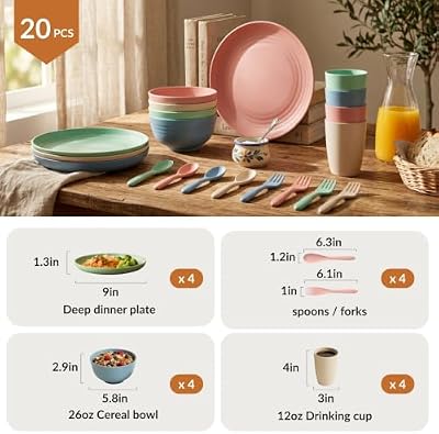 Homienly Wheat Straw Dinnerware Sets 20 PCS Plates and Bowls Sets Microwave and Dishwasher Safe Dish Set Unbr… — view 3