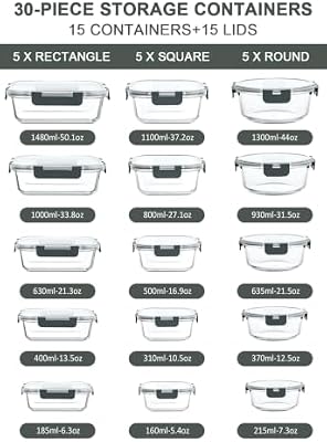 M MCIRCO 30 Piece Extra Large Glass Food Storage Containers with Lids,Gray — view 4