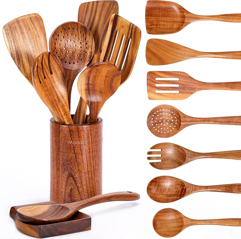Mooues Wooden Kitchen Utensil Set, 9 Piece Natural Teak with Spoon Rest