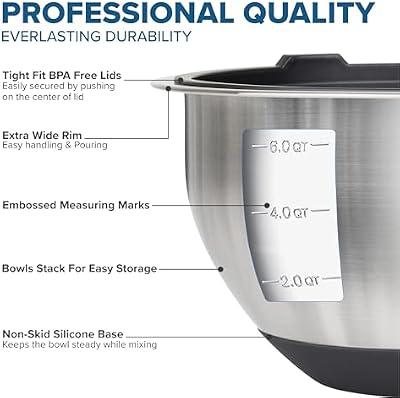 Viking Mixing Bowls Set, 10 Piece Stainless Steel Kitchen Cookware, Non-Slip Silicone Base, Includes Tight Fi… — view 4