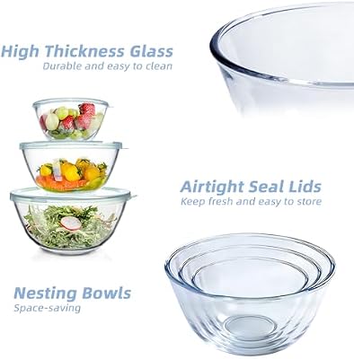 WhiteRhino Glass Mixing Bowls Glass Bowls with Lids Set(4.5QT,2.7QT, 1.1QT),Large Salad Bowls,glass mixing bo… — view 4