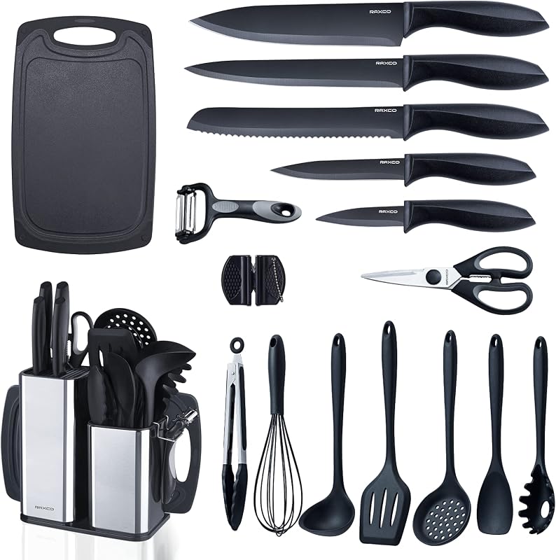RAXCO Kitchen Utensils Set,18-Piece Cooking Utensils and Knife Set,Black