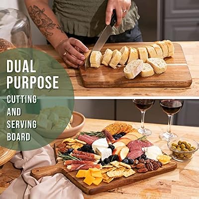 Acacia Wood Cutting Board and Chopping Board with Handle for Meat, Cheese Board, Vegetables, Bread, and Charc… — view 3