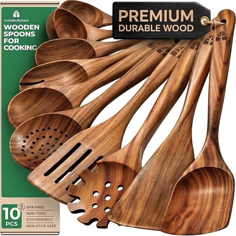 Wooden Spoons for Cooking – 10 Pcs Non Toxic Teak Kitchen Utensils Set