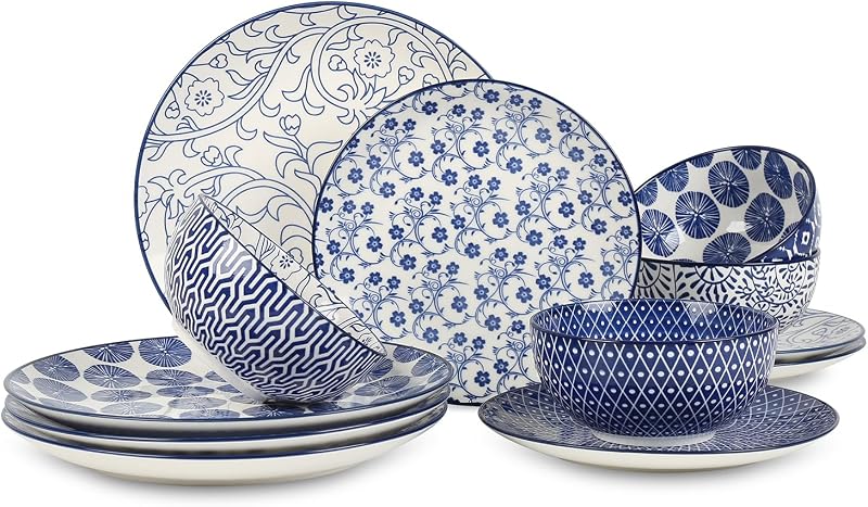 Selamica Ceramic Dinnerware Sets, 12 pcs Plates and Bowls Sets,Vintage Blue