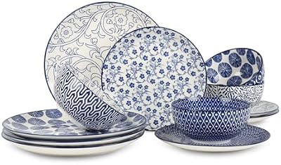 Selamica Ceramic Dinnerware Sets, 12 pcs Plates and Bowls Sets,Vintage Blue — view 2