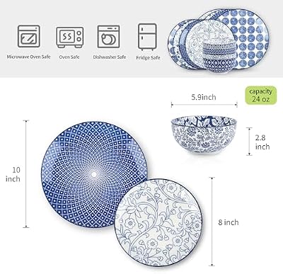 Selamica Ceramic Dinnerware Sets, 12 pcs Plates and Bowls Sets,Vintage Blue — view 3