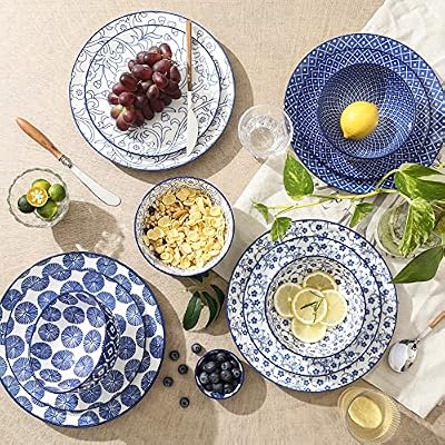 Selamica Ceramic Dinnerware Sets, 12 pcs Plates and Bowls Sets,Vintage Blue — view 4