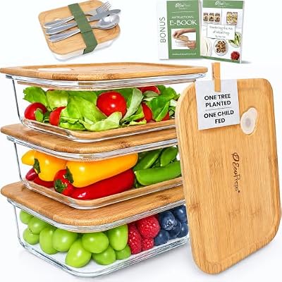 EcoPreps Patented Glass Meal Prep Containers with Bamboo Lids, 3 Pack, 36oz — view 2