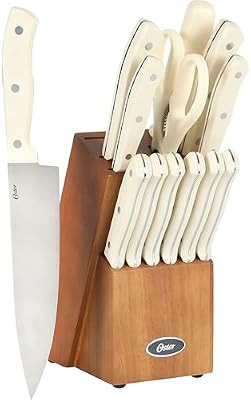 Oster Evansville 14 Piece Cutlery Kitchen Knife Block Set, Stainless Steel w/Linen White Handles - Cuchillos… — view 2