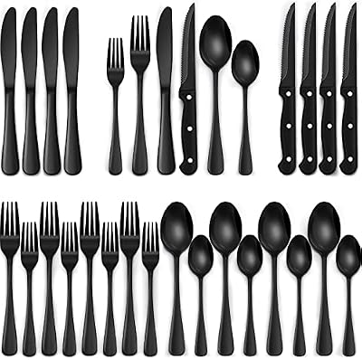 EWFEN 24-Piece Black Silverware Set with Steak Knives, Black Flatware Set for 4, Food-Grade Stainless Steel T… — view 2