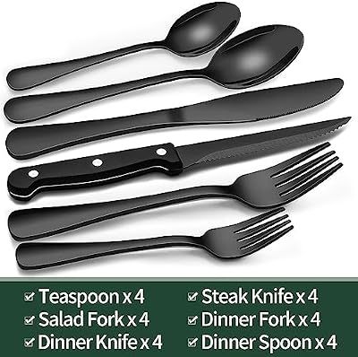 EWFEN 24-Piece Black Silverware Set with Steak Knives, Black Flatware Set for 4, Food-Grade Stainless Steel T… — view 3