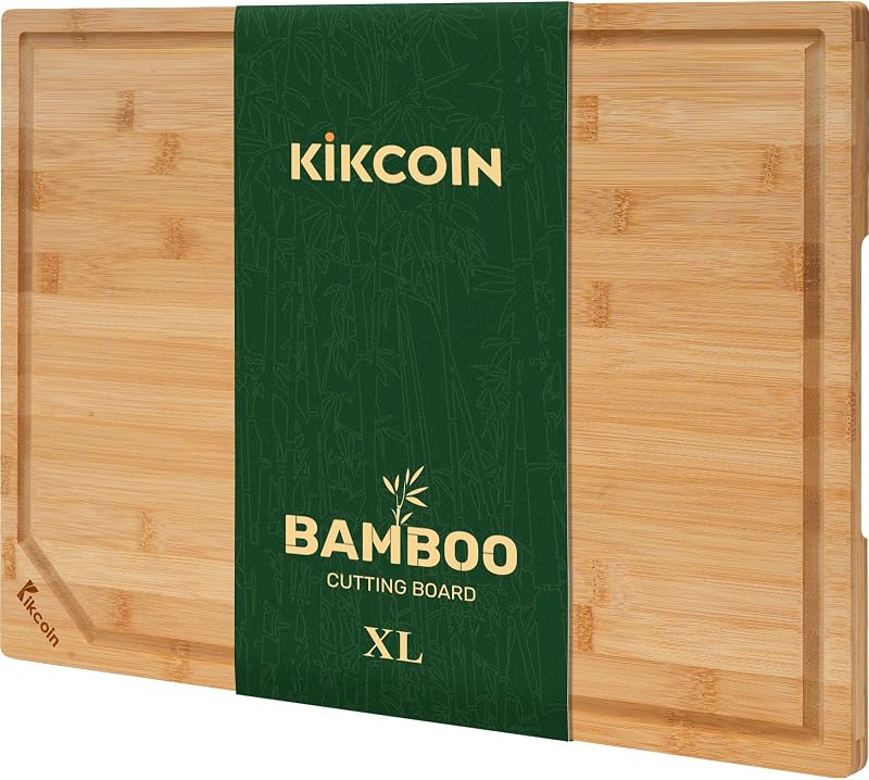 Kikcoin 17"×11" Bamboo Cutting Boards for Kitchen, Knife-Friendly Food Grade Wooden Cutting Boards for Kitche…