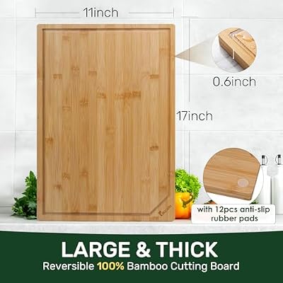 Kikcoin 17"×11" Bamboo Cutting Boards for Kitchen, Knife-Friendly Food Grade Wooden Cutting Boards for Kitche… — view 4