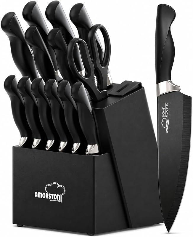 Amorston Knife Set 15 Piece Kitchen Knife Set with Block