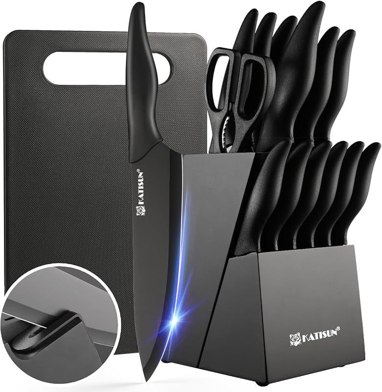 17-Piece Black German Steel Kitchen Knife Block Set