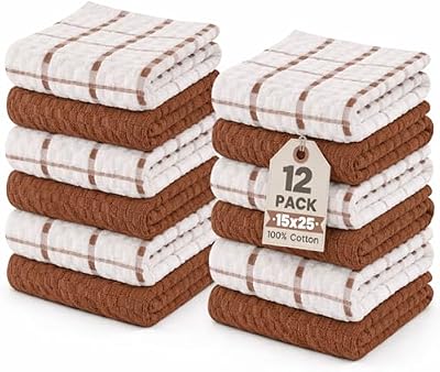 GOLD TEXTILES Kitchen Towels 12 Pack, Waffle Weave Cotton, 15x25in (Brown) — view 2