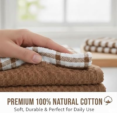 GOLD TEXTILES Kitchen Towels 12 Pack, Waffle Weave Cotton, 15x25in (Brown) — view 3
