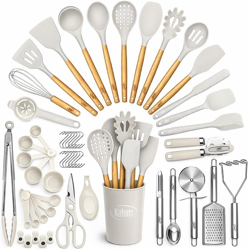 Kaluns 50 PCS Silicone Kitchen Utensils Set Complete Kitchen Set - 800°F Heat Resistant Non-Stick Premium Sil…