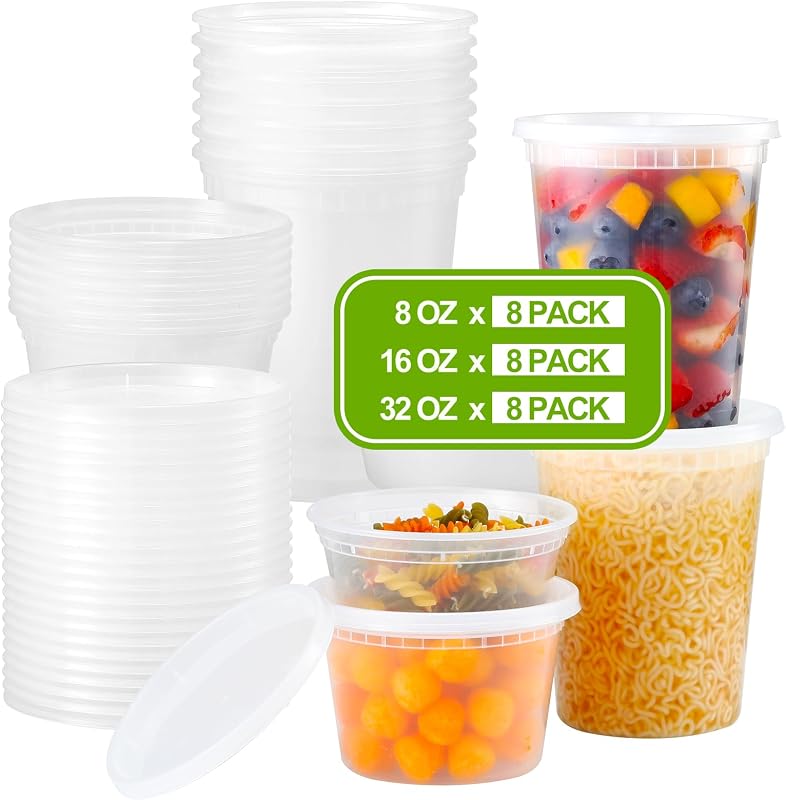 AOZITA 24 Sets Plastic Deli Food Containers With Lids, 8 oz 16oz 32oz Variety pack, Airtight Food Storage Con…