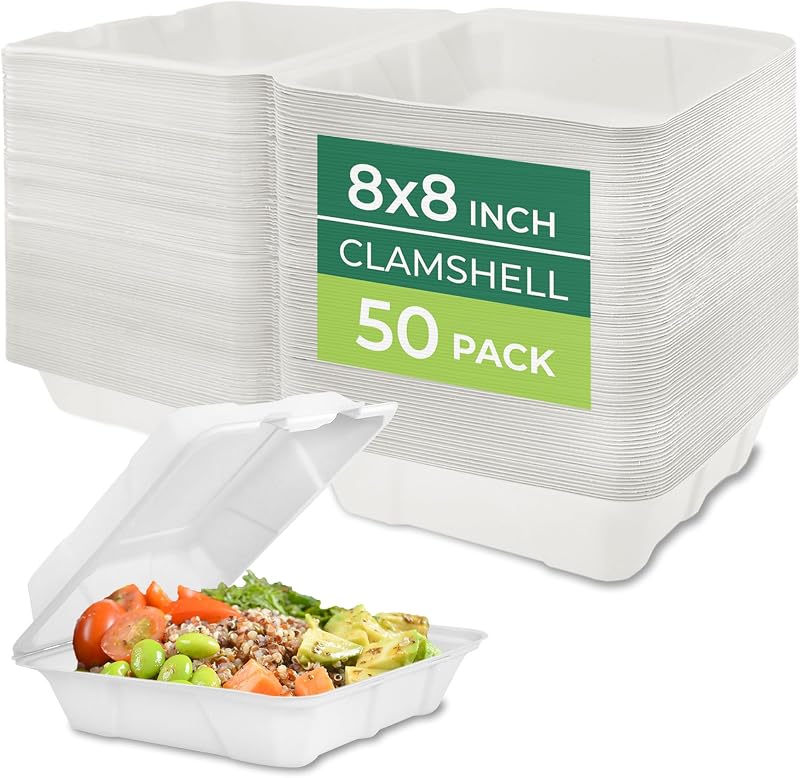 Freshware Compostable Clamshell Food Containers - 8x8" 50-Pack, Biodegradable Sugarcane To Go Boxes, Heavy Du…