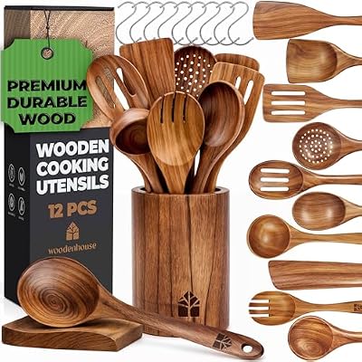 Wooden Spoons for Cooking, 12 Pcs Teak Utensil Set with Holder & Hooks — view 2