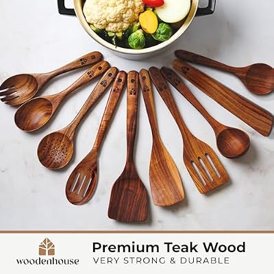 Wooden Spoons for Cooking, 12 Pcs Teak Utensil Set with Holder & Hooks — view 3