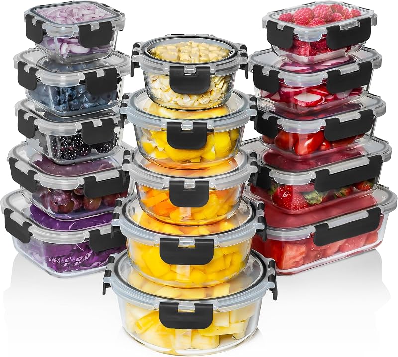 Razab 30 PC Glass Food Storage Containers with Lids - Reusable Glass Meal Prep Containers for Lunch and Lefto…