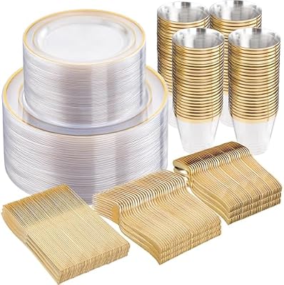 WELLIFE Clear Plates with Gold Trim, 600-Piece Plastic Dinnerware Set — view 2
