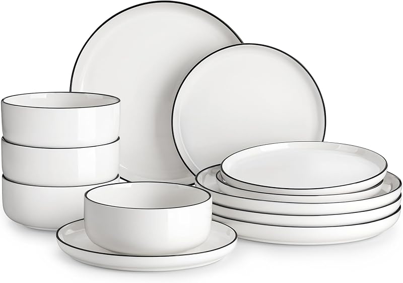 MALACASA Plates and Bowls Sets, 12 Pieces Modern Porcelain Dinnerware Set for 4 White Kitchen Dinner Dining W…