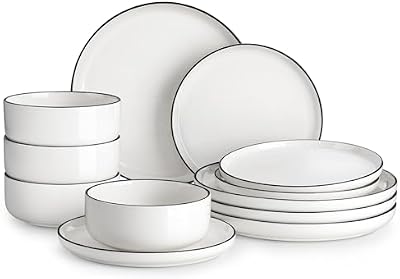 MALACASA Plates and Bowls Sets, 12 Pieces Modern Porcelain Dinnerware Set for 4 White Kitchen Dinner Dining W… — view 2