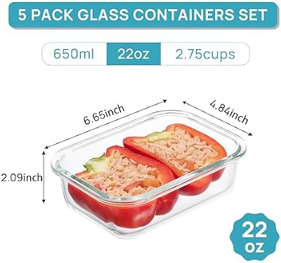 Vtopmart 5Pack 22oz Glass Storage Containers with Lids, Grey — view 3