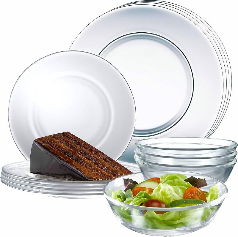 12pc Glass Dinnerware Set - Sleek Round Clear Glass Plate and Bowl Sets - Dishwasher Safe, Bread & Butter Din…