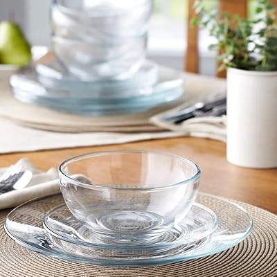 12pc Glass Dinnerware Set - Sleek Round Clear Glass Plate and Bowl Sets - Dishwasher Safe, Bread & Butter Din… — view 3