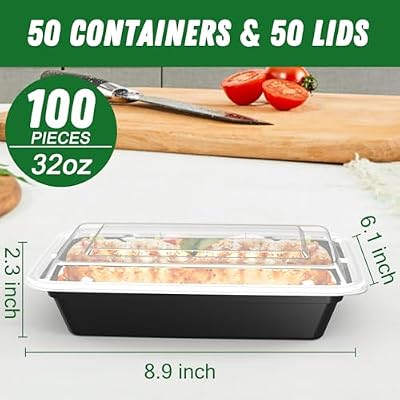 50 Pack (100-Piece) 32 oz Meal Prep Containers with Easy Open Lids, Black — view 3