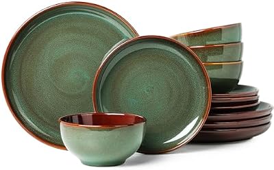 Pokini Ceramic Dinnerware Sets for 4, 12pcs Plates and Bowls Sets Dish Set — view 2