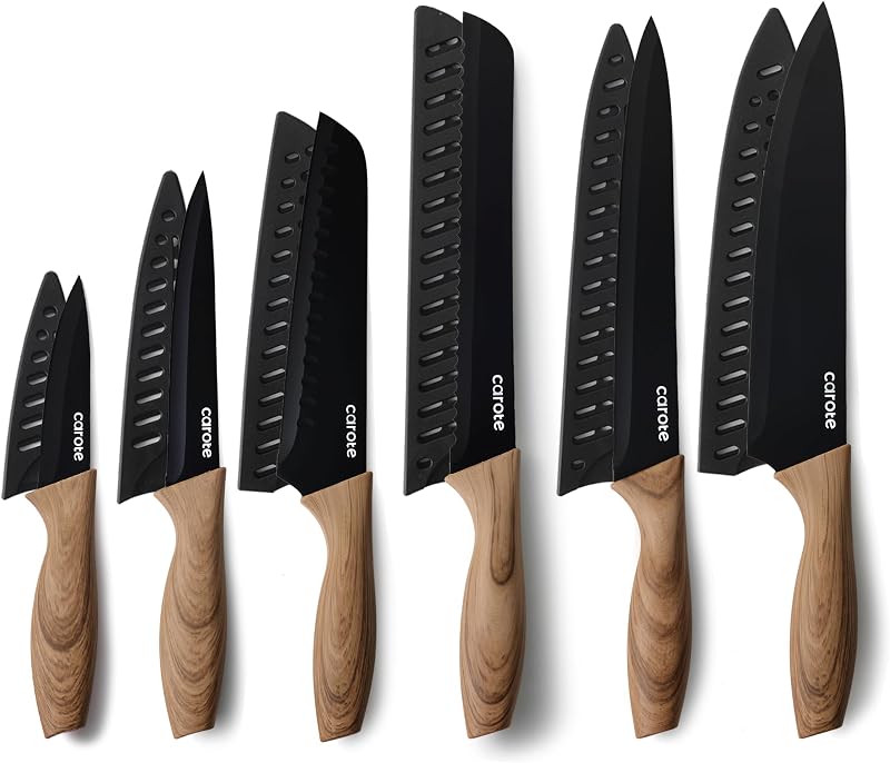 CAROTE 12-Piece Knife Set, Knives with Wood-Grain Finish Handles, Black