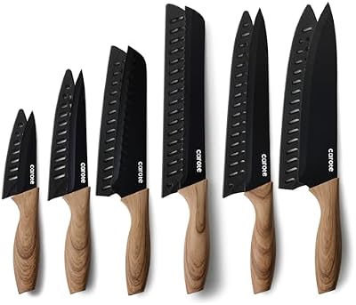 CAROTE 12-Piece Knife Set, Knives with Wood-Grain Finish Handles, Black — view 2