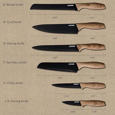CAROTE 12-Piece Knife Set, Knives with Wood-Grain Finish Handles, Black — view 3
